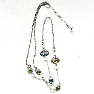 Faux Shell Station Necklace Silver Tone Oval Links Embossed Beach Coastal Island